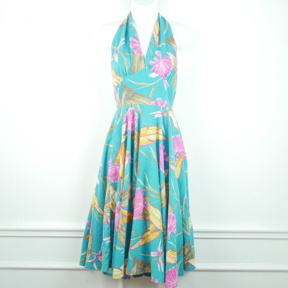 Vintage Retro Halter Dress Pinup Fit Flare Circle Skirt Tropical‎ Rockabilly S